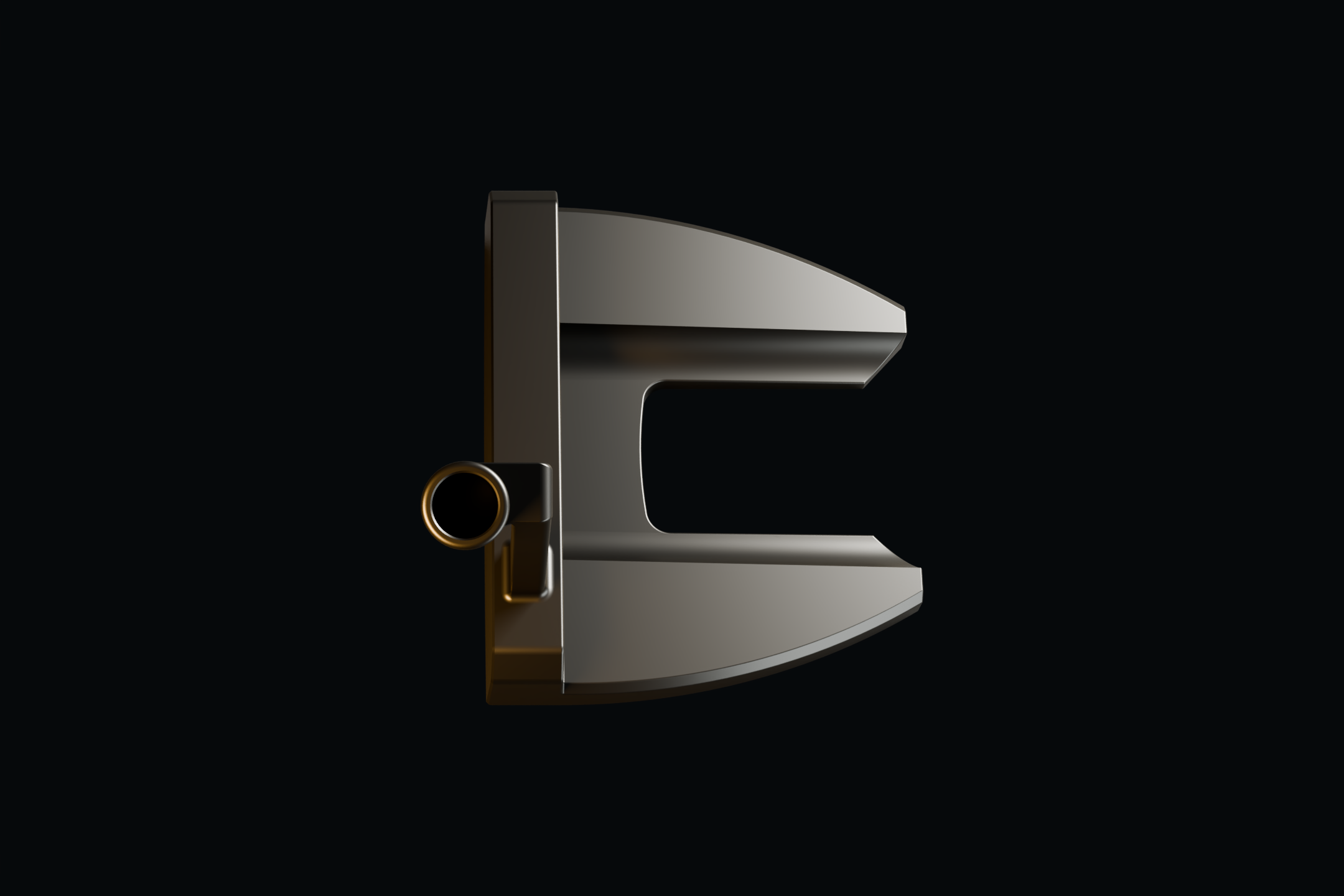 OURO 001 — CAD render looking down the hosel axis at address, full head in view; topline sightline not yet finalized