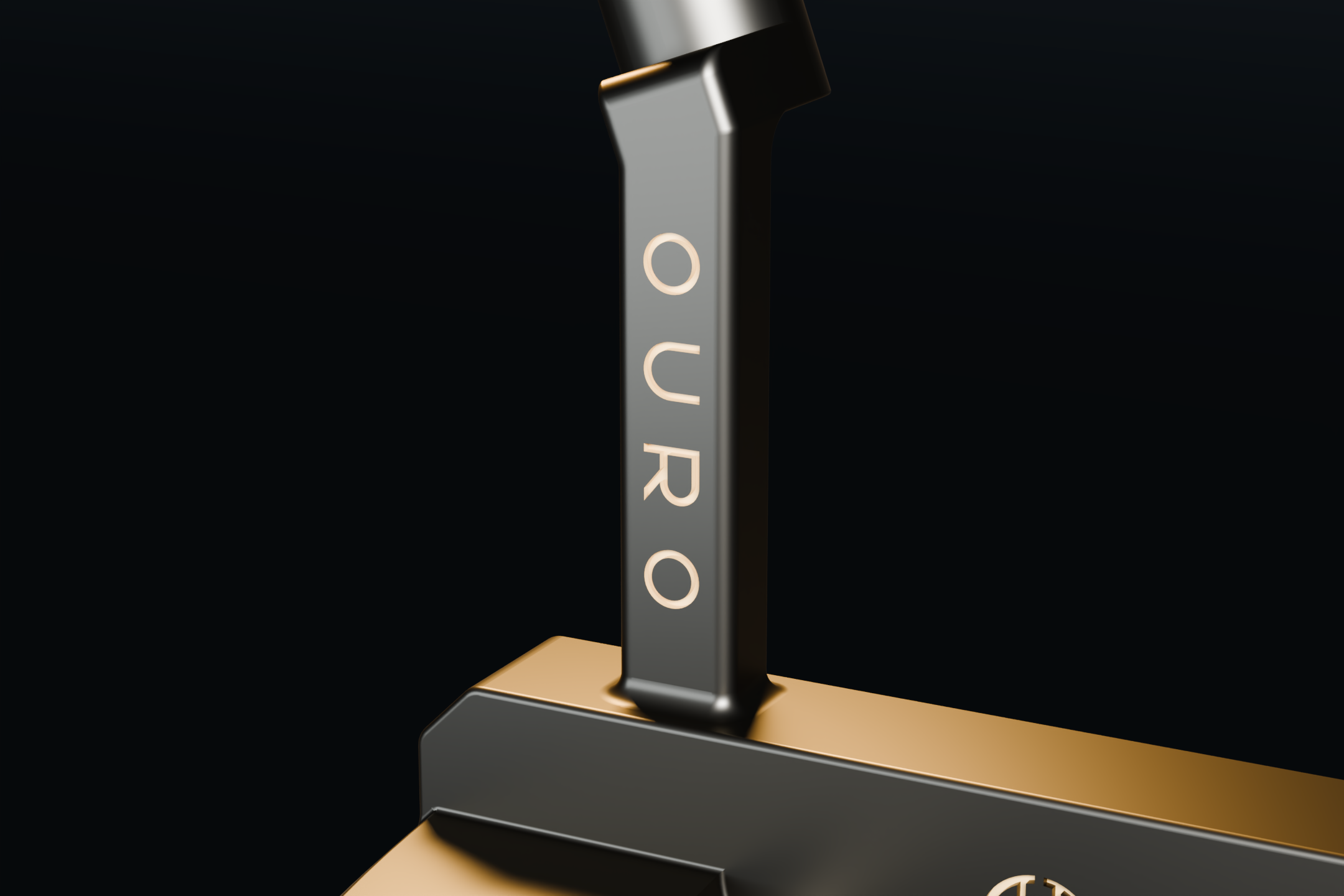 OURO 001 — CAD render, close detail of the brass-filled OURO engraving on the plumber's neck