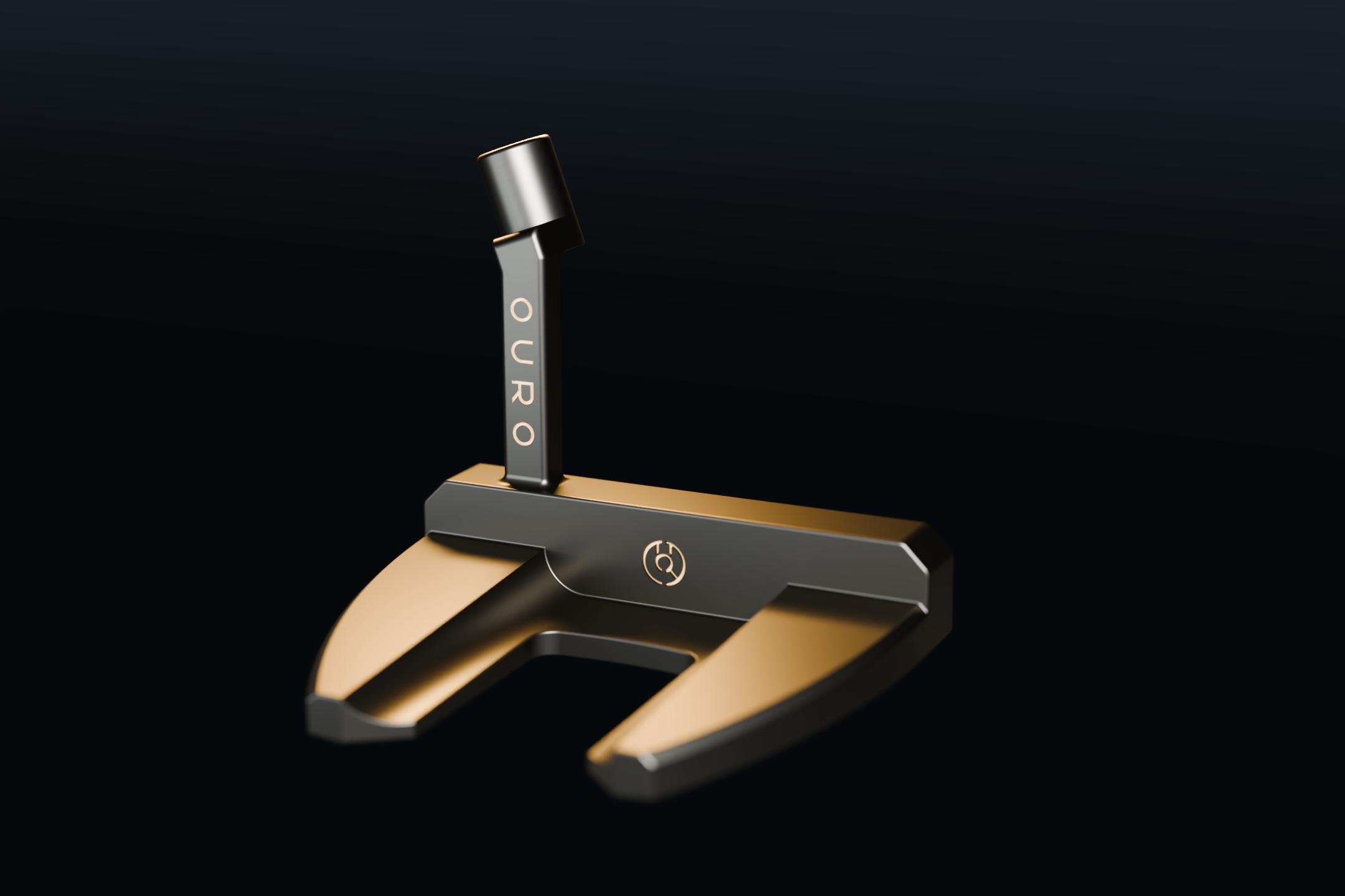 OURO 001 — CAD render of the compact mallet head in raw carbon steel, three-quarter view, with the brass-filled OURO mark on the plumber's neck