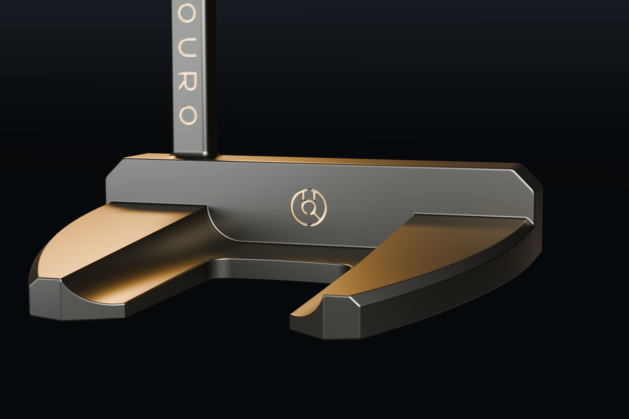 OURO 001 — CAD render of the sole and back cavity showing the brass-lined relief channels and the brass OURO back mark